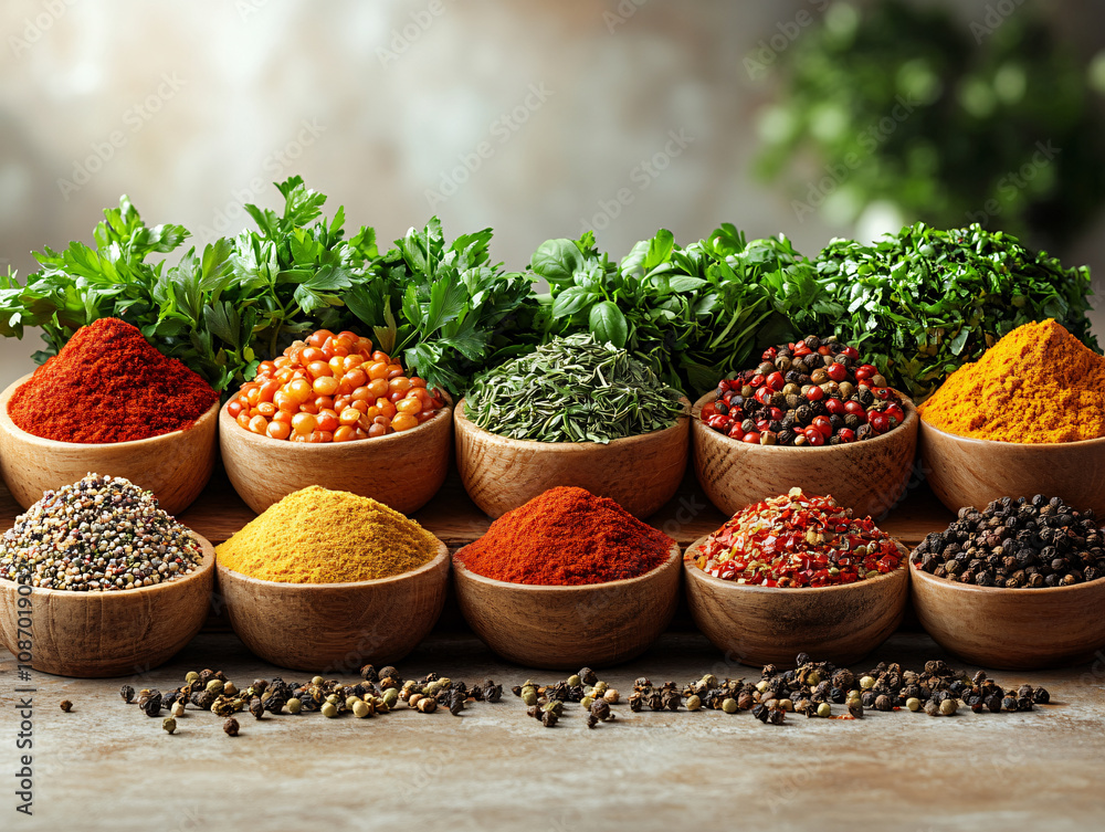 Fresh and Flavorful: Artfully Arranged Herbs, Spices, and Seasonings in Soft Natural Light on Clean Background Fresh and Flavorful: Artfully Arranged Herbs, Spices, and Seasonings in Soft Natural Light on Clean Background
