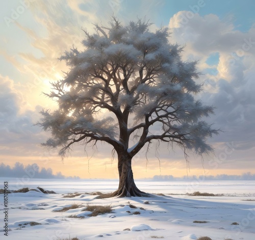 Illustration of winter landscape with lonely tree.