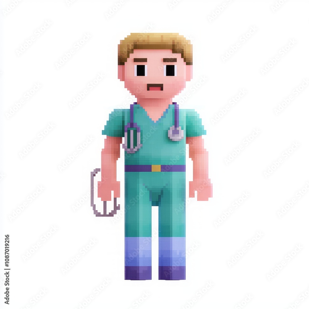 Pixelated 8 Bit Nurse NPC Character Model in Scrubs with Stethoscope and Medical Equipment on White Background Pixelated 8 Bit Nurse NPC Character Model in Scrubs with Stethoscope and Medical Equipment on White Background