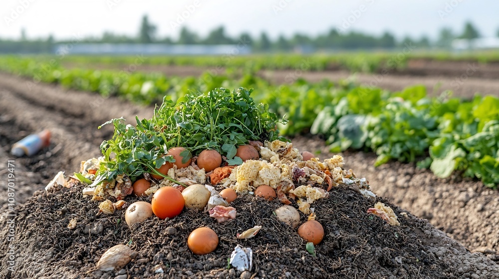 Fototapeta premium Sustainable community garden compost pile filled with food waste and organic matter highlighting efforts towards environmental conservation and a circular economy in warm golden hour lighting