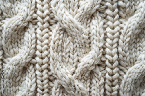 Cozy and Textured Cream Knitted Fabric Close-Up Showing Intricate Braided Patterns and Soft Fibers Perfect for Winter Apparel and Home Decor Design Inspirations