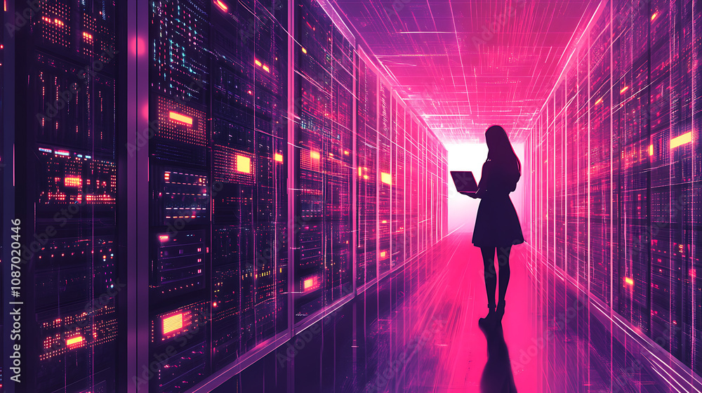 A woman reviewing network diagrams on a laptop surrounded by server towers A woman reviewing network diagrams on a laptop surrounded by server towers