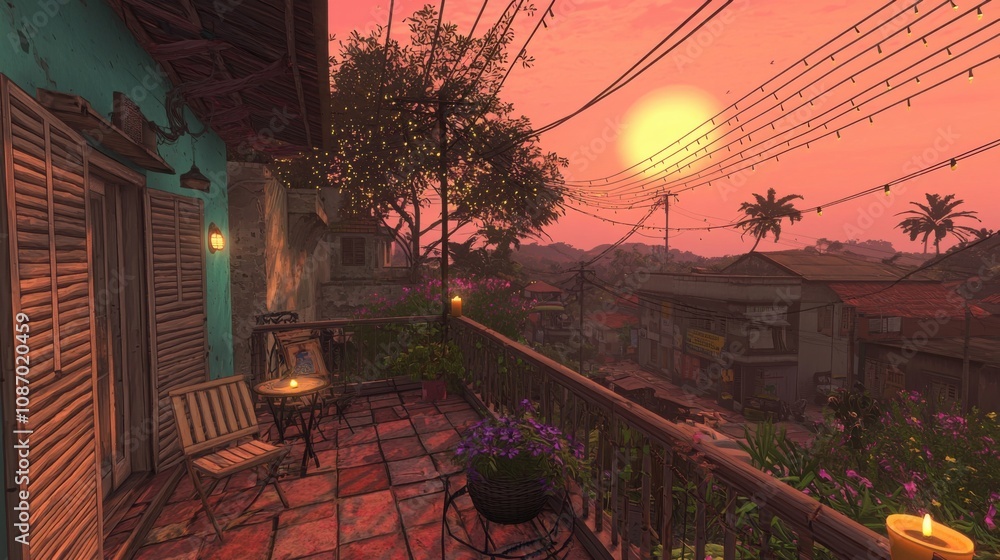 Naklejka premium A serene balcony scene at sunset, featuring lush greenery, rustic furniture, and vibrant skies, creating a tranquil and inviting atmosphere.