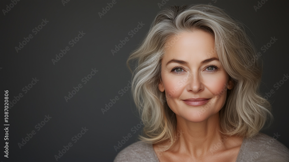 serene portrait of woman with silver hair, showcasing natural beauty and confidence. Her warm smile radiates positivity and grace. serene portrait of woman with silver hair, showcasing natural beauty and confidence. Her warm smile radiates positivity and grace.