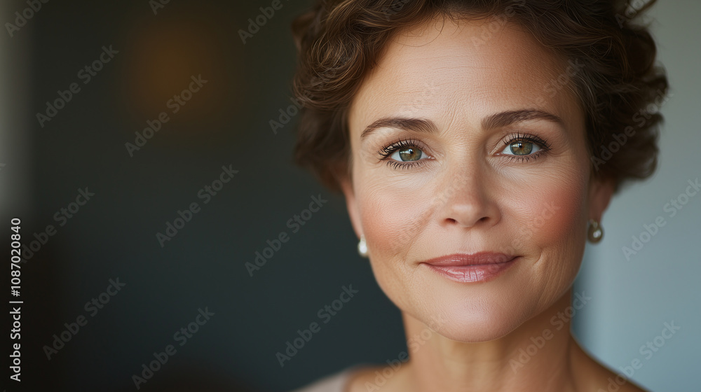 Adult woman with short curly hair and natural makeup, smiling softly, exuding confidence. Adult woman with short curly hair and natural makeup, smiling softly, exuding confidence.