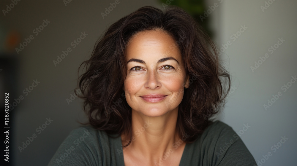 Fototapeta premium woman with curly hair smiles warmly, showcasing natural and confident expression. soft lighting highlights her features, creating welcoming atmosphere.