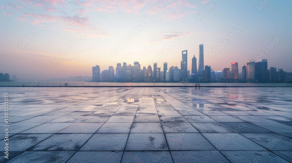 Empty square floor with city skyline background, Urban square with seasonal flower festival, colorful city scene Empty square floor with city skyline background, Urban square with seasonal flower festival, colorful city scene