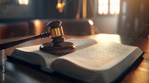 A gavel positioned on an open constitution book on a wooden desk, with warm lighting creating a professional atmosphere.