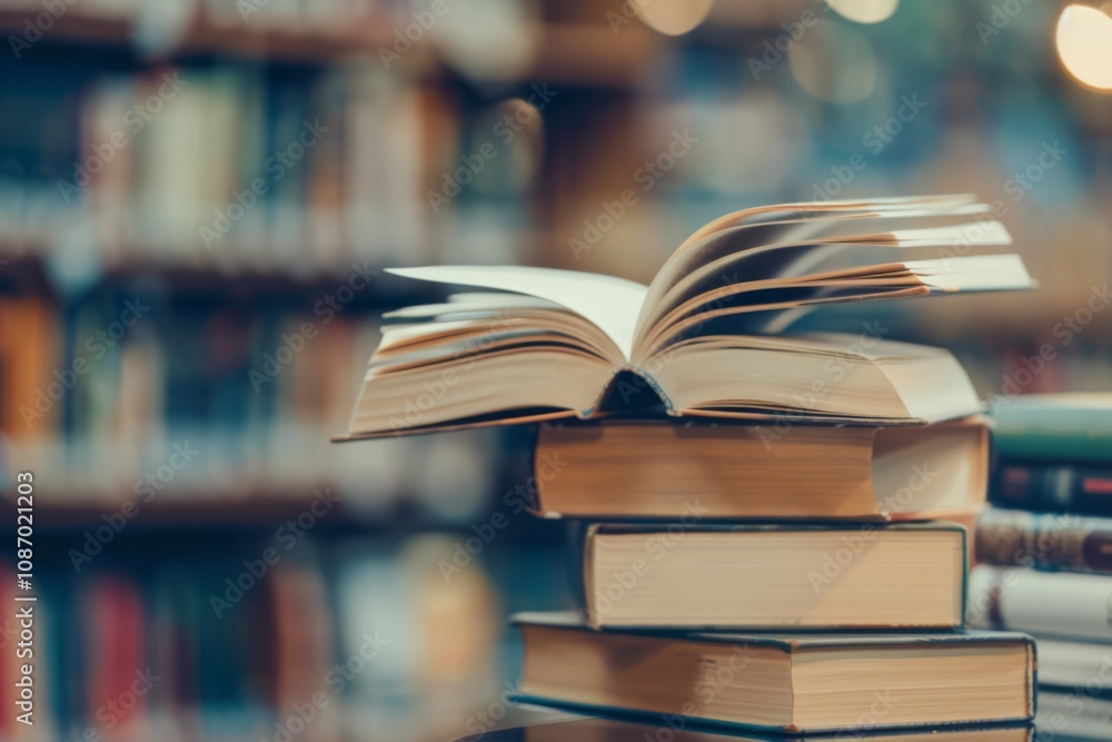 Open Book on Stack of Books in Cozy Library Setting with Warm Lighting, Creating a Study Atmosphere for Learning and Reflection Open Book on Stack of Books in Cozy Library Setting with Warm Lighting, Creating a Study Atmosphere for Learning and Reflection