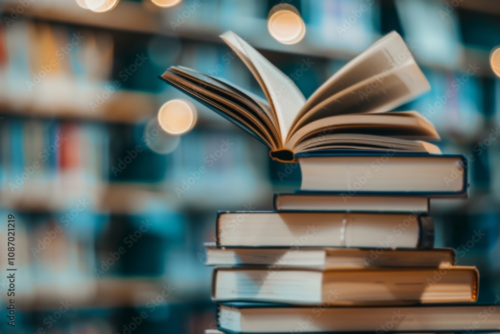Open Book on Top of Stack with Blurred Library Background and Circular Bokeh Effect Highlighting the Importance of Knowledge and Reading in Modern Education Spaces Open Book on Top of Stack with Blurred Library Background and Circular Bokeh Effect Highlighting the Importance of Knowledge and Reading in Modern Education Spaces