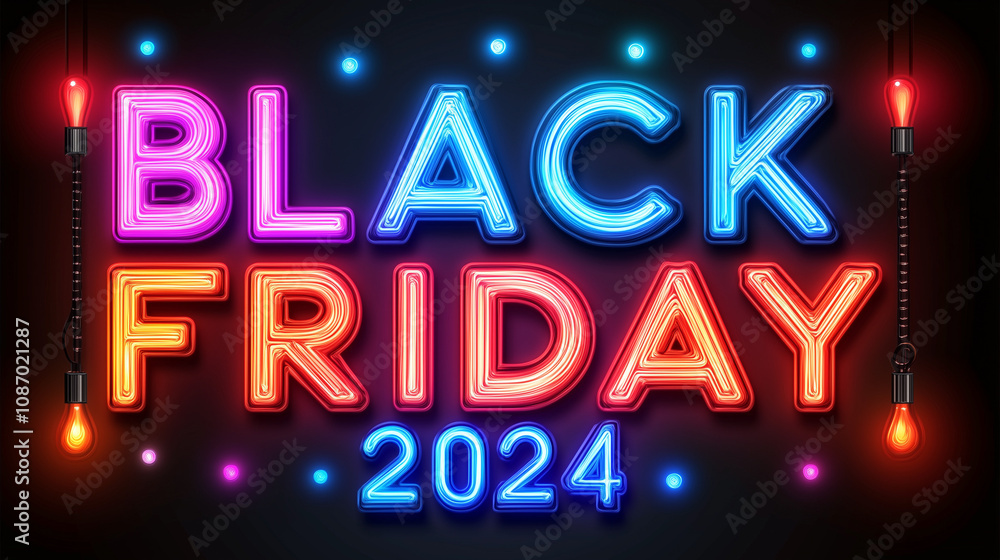 Black Friday 2024 text in vibrant neon colors with glowing lights and a dark background, creating a retro look Black Friday 2024 text in vibrant neon colors with glowing lights and a dark background, creating a retro look