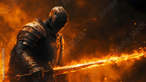 Knight Wields Flaming Sword in Fiery Battle, Embracing Destiny's Call photo