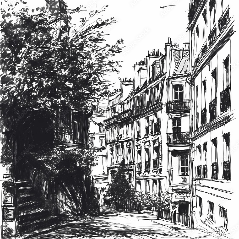 Obraz premium A charming black and white sketch of a small cozy residential French street with old historical architecture, a stone path and flowering bushes
