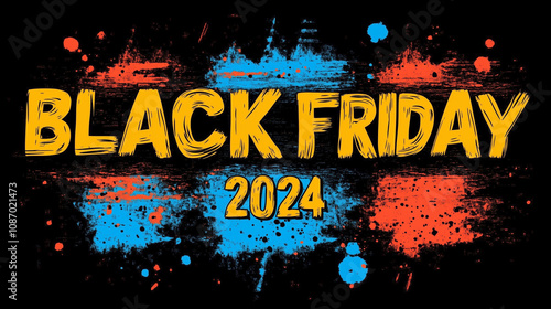 Black Friday 2024 text with bold, colorful paint splatter effects on a black background for a vibrant design. photo