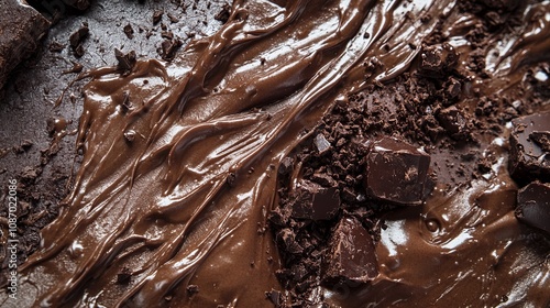 A decadent display of melted chocolate and broken pieces. A rich and indulgent food photography masterpiece. Close-up view of chocolate texture and spread.