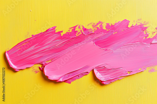 The image showcases bold pink brushstrokes painted on a vibrant yellow background, creating a striking and colorful abstract composition. photo