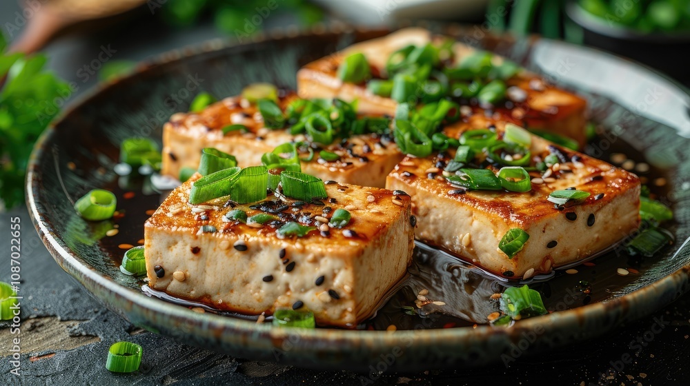 Close-up of four pieces of pan-fried tofu topped with sesame seeds and scallions on a plate with teriyaki sauce. Close-up of four pieces of pan-fried tofu topped with sesame seeds and scallions on a plate with teriyaki sauce.