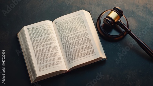 Top-down view of a constitution book open to a highlighted section, with a gavel placed on one side.