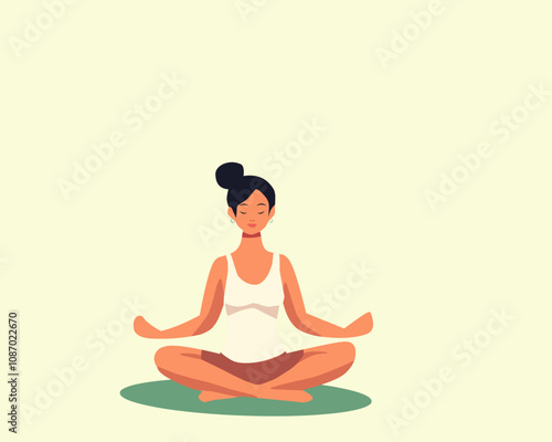 Illustration of a woman meditating in a comfortable cross-legged position on a mat, radiating calmness and focus. Perfect for concepts of mindfulness, meditation, relaxation, and self-care