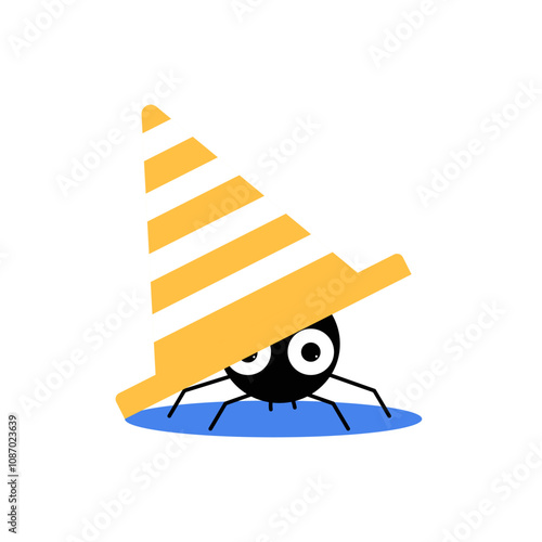 Spider Under Traffic Cone In Flat Vector Illustration Symbolizing Website Error, Humor, And Creativity, Isolated On White Background