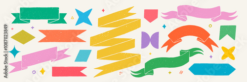 Retro ribbon banners and shapes in rough rustic style. Hand drawn vintage textured badges, banners, flags, and other design elements. Hand-drawn infographic Vector collection