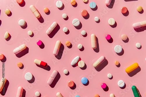 Pills and Capsules Scattered Evenly on Pink Background Showcasing Variety