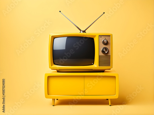 Stylish image of a yellow TV on a yellow background. Space for text. Retro equipment. photo