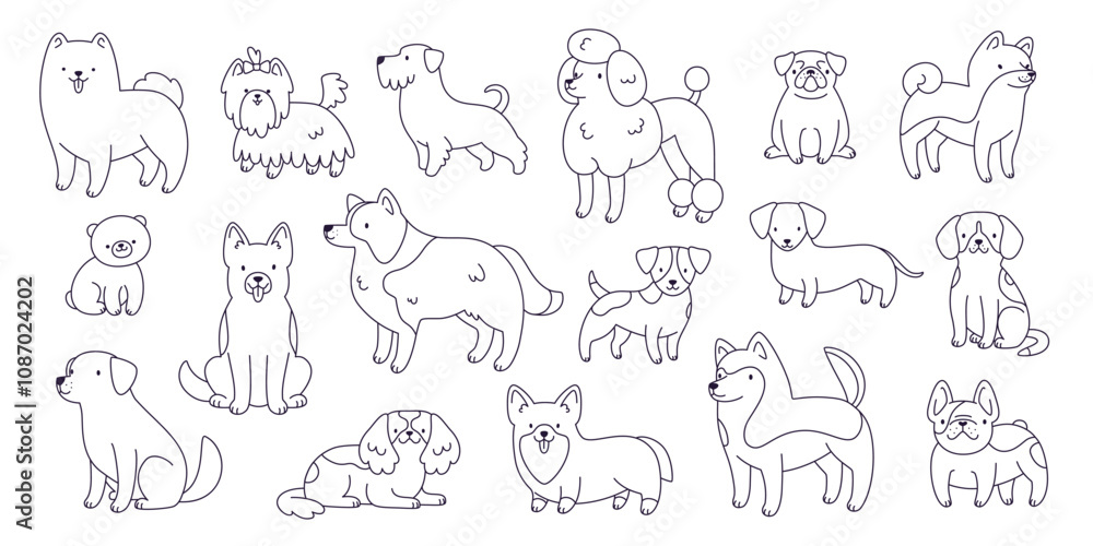 Outline cute dogs set. Vector cartoon line dogs collection. Purebred dogs silhouette bundle. Outline cute dogs set. Vector cartoon line dogs collection. Purebred dogs silhouette bundle.