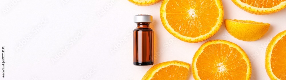 Vitamin C Injection with Fresh Orange Slices, High Dose Beauty Product Mock-up, Healthy Lifestyle Concept, Bright and Inviting Flat Lay Scene Vitamin C Injection with Fresh Orange Slices, High Dose Beauty Product Mock-up, Healthy Lifestyle Concept, Bright and Inviting Flat Lay Scene