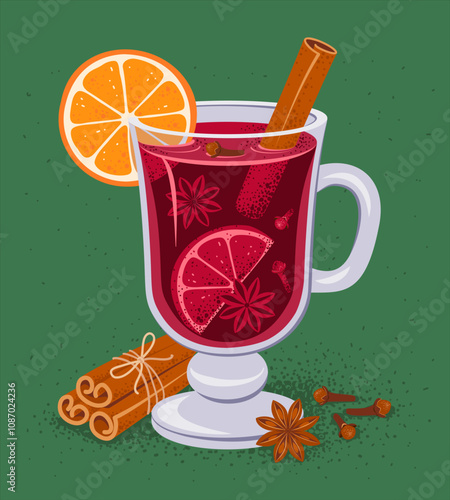 Mulled wine with orange slice, cinnamon sticks, dried cloves and badian, star anise. Hot spicy drink isolated on green background. Vector Illustration in trendy cartoon flat style