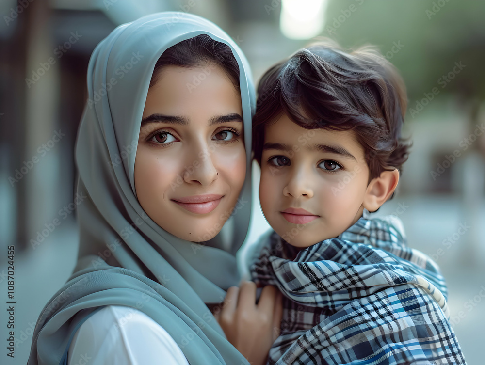 A Woman in a Hijab Tenderly Holds Her Young Son, Outdoor Portrait A Woman in a Hijab Tenderly Holds Her Young Son, Outdoor Portrait