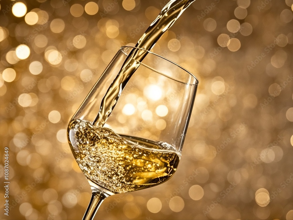 White wine being poured into a wine glass on shiny gold background
