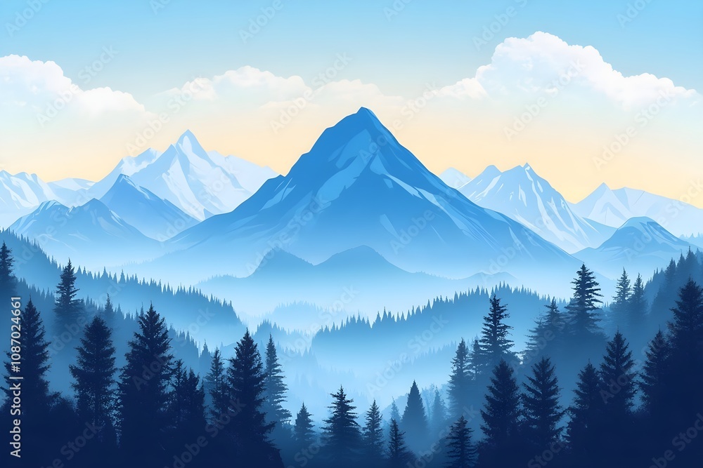 Fototapeta premium vector background of forest, jungle with waterfall for nature cover for banner, poster illustration, nature, vector, background, hill, sky, mountain, tree, environment, horizon, summer, blue, forest