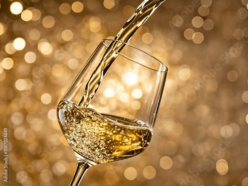 Obraz na płótnie White wine being poured into a wine glass on shiny gold background w salonie