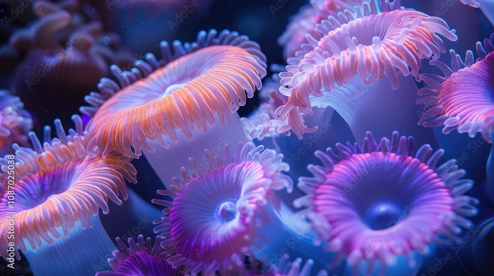 Close-up of vibrant pink and orange coral polyps in an underwater environment. Close-up of vibrant pink and orange coral polyps in an underwater environment.