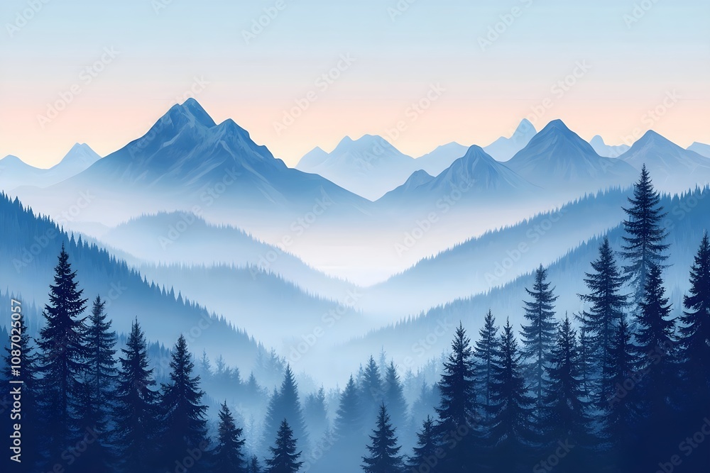 Fototapeta premium Beautiful landscape vector illustration of mountains, forests, fields and meadows. Stunning panoramic farm landscape with mountains in the background. Natural landscape 