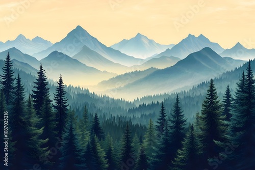 Beautiful landscape vector illustration of mountains, forests, fields and meadows. Stunning panoramic farm landscape with mountains in the background. Natural landscape	
