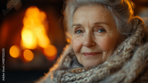 Warm and cozy moment of an elderly woman wrapped in a scarf, enjoying the glow of a fireplace during winter evenings at home. Generative AI