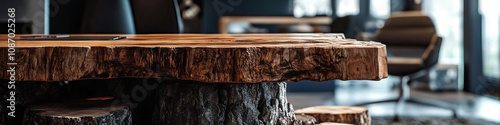 A wooden desk sits atop a pile of rough-cut lumber, its natural imperfections contrasting with the polished office furniture surrounding it. photo