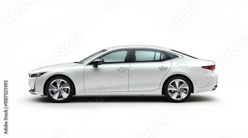 Side view of a sleek, modern sedan on a pristine white background, showcasing its design and contours with sharp, high-resolution detail.