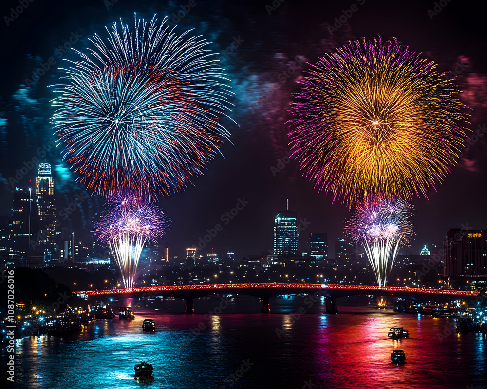 Fototapeta premium Vibrant fireworks display over city skyline at night, reflected in water.