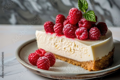 A slice of creamy cheesecake, topped with fresh raspberries and a dusting of powdered sugar.