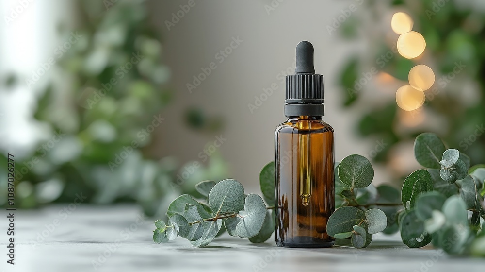 A brown glass dropper bottle surrounded by eucalyptus leaves, suggesting natural wellness. A brown glass dropper bottle surrounded by eucalyptus leaves, suggesting natural wellness.