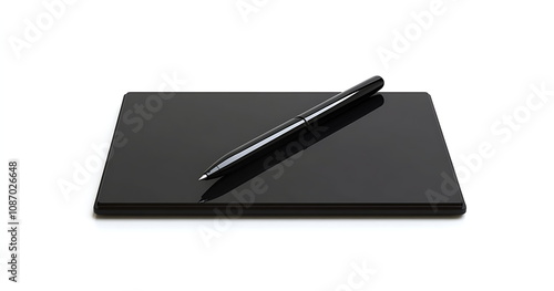 A black tablet with a pen on a white background