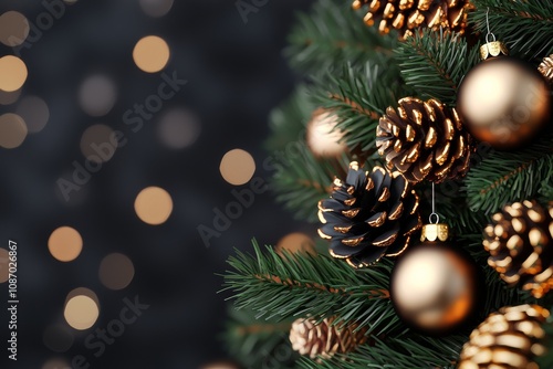 The image showcases a green Christmas tree adorned with golden pinecones and ornaments against a background of soft out-of-focus lights, creating a warm holiday ambiance. photo