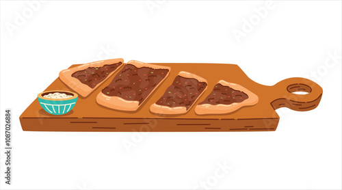 Turkish traditional food, meat flatbread pide with beef and vegetables on board. Vector isolated on white flat illustration.