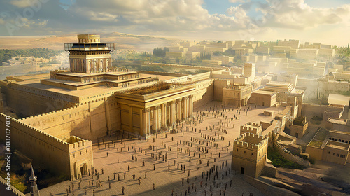 This illustration portrays the Beit HaMikdash, built by King Solomon, standing in the heart of Jerusalem.