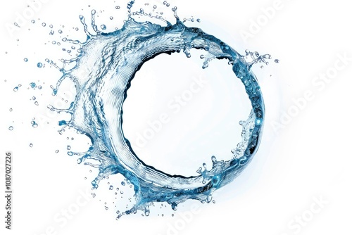 A circular splash of water droplets forming a ring against a white background. photo