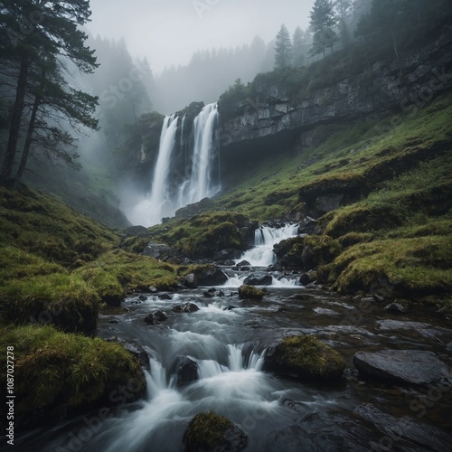 A foggy waterfall cascading into a hidden valley, with mist blending seamlessly into the scene.