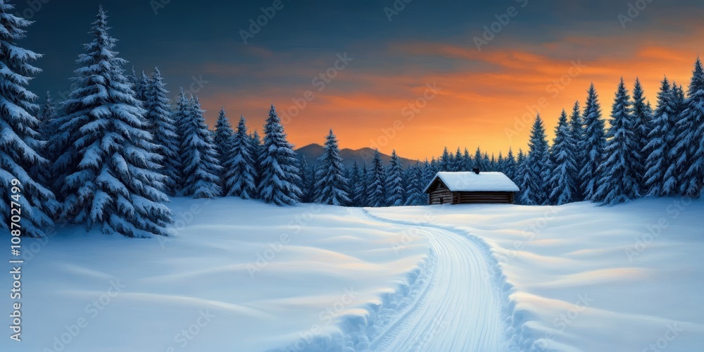 Cozy cabin in a winter wonderland, a romantic snowy trail winding through the serene landscape. Cozy cabin in a winter wonderland, a romantic snowy trail winding through the serene landscape.
